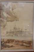 Istvan Farkasvolgyi, 'Parliament, Budapest', signed and dated 1959, watercolour and pencil, framed