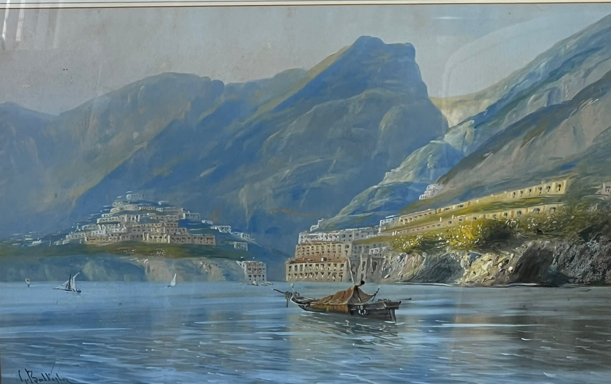 Mountain scene with fishing boats, unknow artist 50cm x 33cm - Image 3 of 5