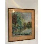 A pastel of a lake scene signed lower left (40cm x 33cm)