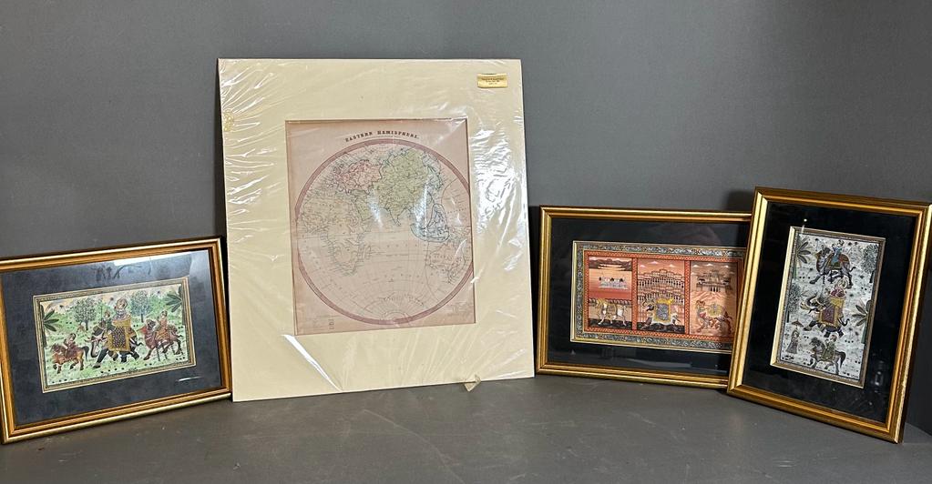 A selection of three Indian traditional prints and a print of a map of the Eastern Hemisphere