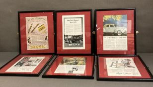 A selection of six vintage advertising posters framed to include Shaeffer's, Brick and Hoover