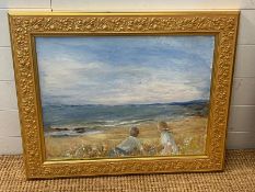 MAY HUTCHISON (SCOTTISH 1918-2012) oil on canvas board of two children at the beach looking out to