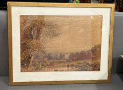 A water colour of a landscape scene of cattle drinking and lady walking by lake unsigned 50cm x 35cm