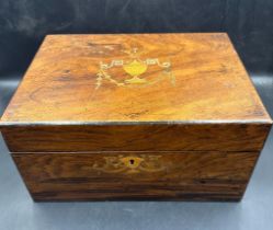 A vintage inlaid sewing box urn and scrolling central cartouche