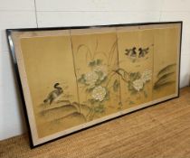 A vintage Japanese silk screen with ducks, bamboo and blossoms