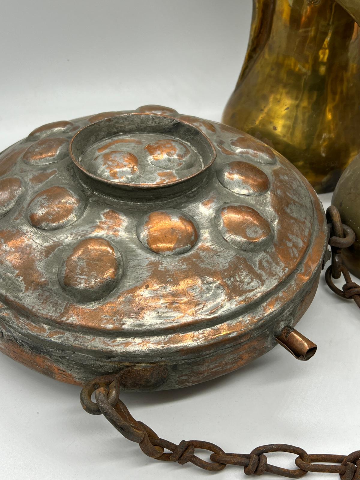 Two Middles Eastern coffee pots and a copper flask/container on a chain - Image 3 of 4