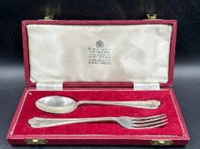 A Boxed, hallmarked silver Christening set of for and spoon from Garrard & Co (Sheffield 1976,