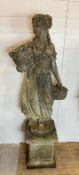 A weathered cast stone statue of a maiden holding two basket (H108cm Base 43cm) 2 pieces