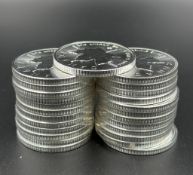 A Tube of 25 1oz Canadian Maple Silver Coins