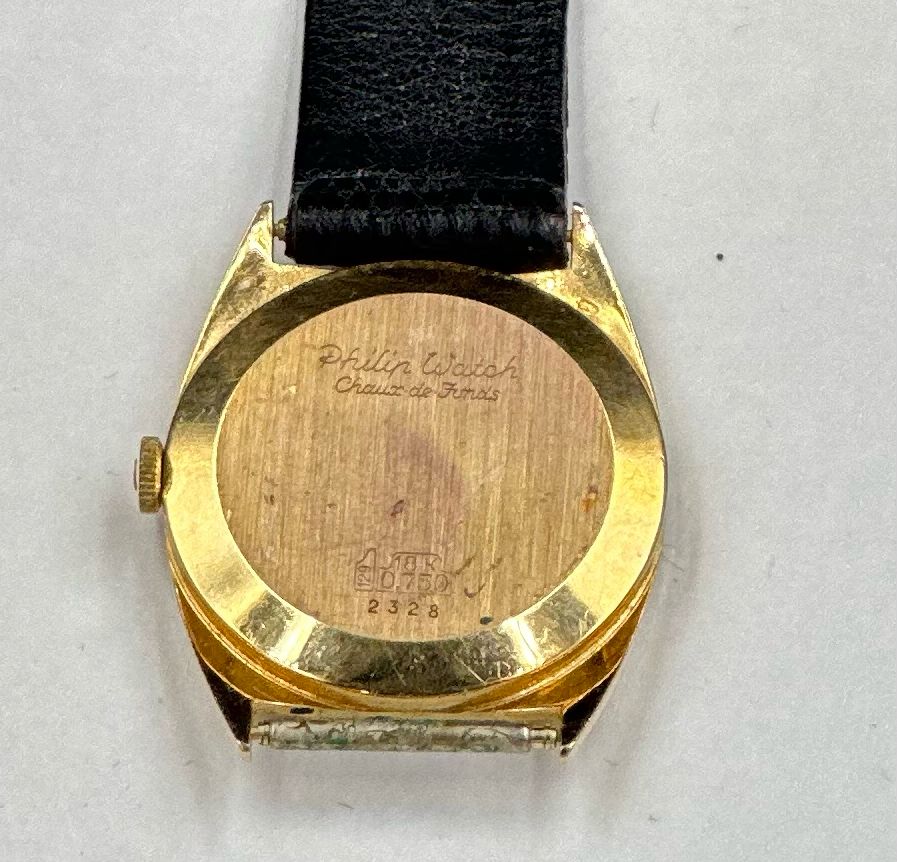 An 18ct gold Philip Watch Chaux De Fonds small-line Incabloc, broken strap. - Image 3 of 3