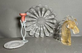 A selection of Art glass items to include a candle stick, a horses head and two dishes