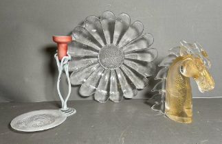 A selection of Art glass items to include a candle stick, a horses head and two dishes