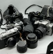 Five cameras and lenses, various aged and makers including Olympus, Cannon etc