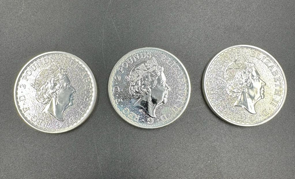 Three 2016 1oz silver Britannia coins