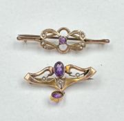 Two 9ct gold brooches, featuring purple stones and diamond decoration