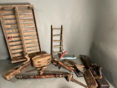 A wooden trug/seed tray along with vintage tools and pullys