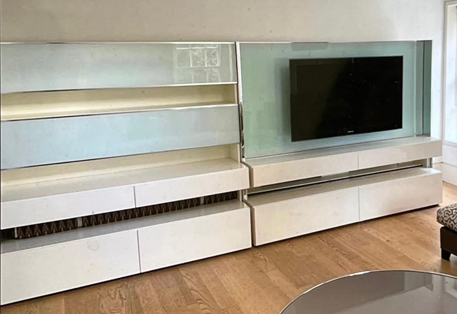 A wall media unit with gloss and chrome frame and frosted glass along with a flat screen TV (each - Image 2 of 4