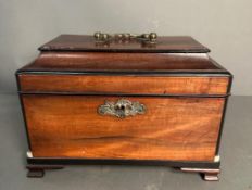 A rosewood tea caddy on block feet with brass handle and key