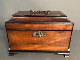 A rosewood tea caddy on block feet with brass handle and key