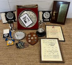 A large collection of boxing memorabilia trophies, posters including coins and silver plate