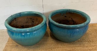 Two glazed teal garden pots (H30cm Dia44cm)