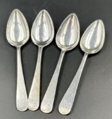 Four silver teaspoons, hallmarked for Newcastle, makers mark TW. Approximate total weight 60g.