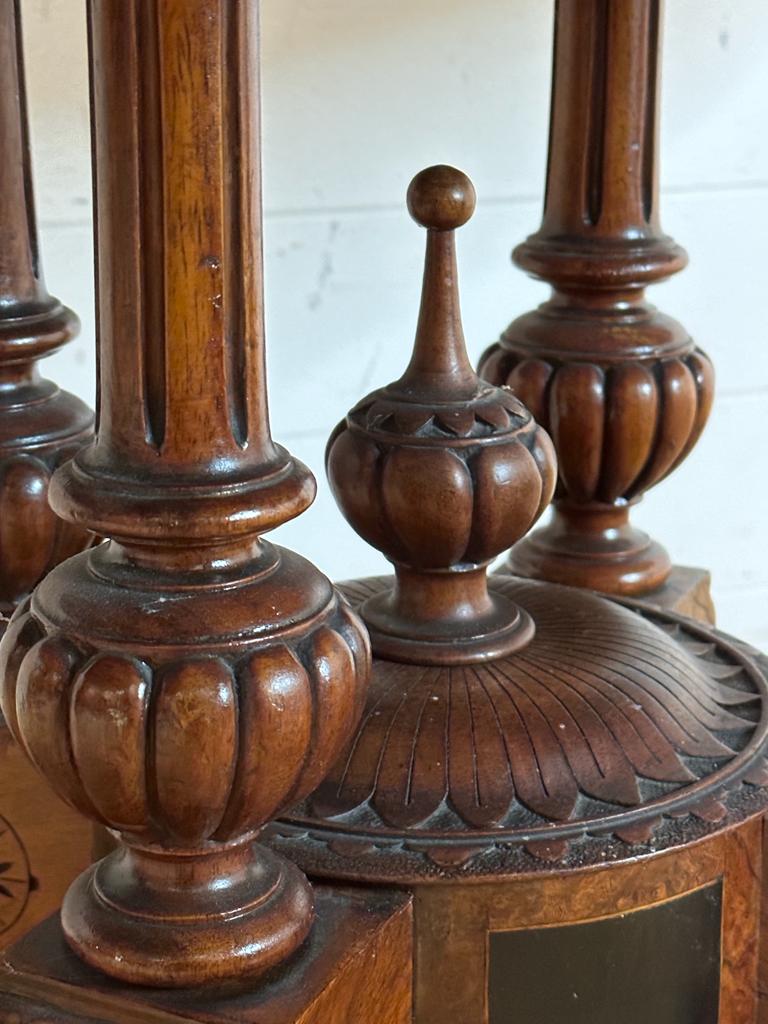 An oval walnut centre table with ebonised inlay and pierced floral detail, on four splayed legs with - Image 7 of 9