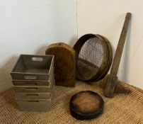 A selection of mixed rustic items including sieve and storage boxes