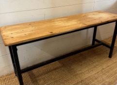 A pine and metal frame bench (H51cm W114cm D34cm)