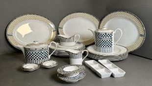 A part Wedgewood Samurai tea/dinner service to include tea pot, coffee pot, platers and plates