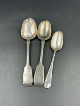 Three silver teaspoons, one hallmarked Dublin 1867 by Francis Martin, one London 1838, makers mark