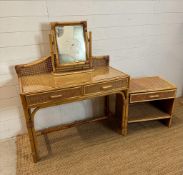 A bamboo and rattan two drawer dressing table with mirror and a matching bedside table (H94cm