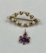 A 9ct gold seed pearl brooch along with a 9ct gold amethyst pendant, approximate combined total