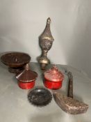 A selection of wooden decorative items including lidded pots and turned finial