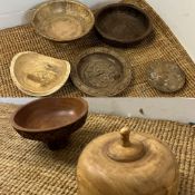 Six wooden turned bowls various sizes and wooden closh or dome