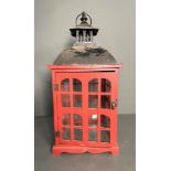 A rustic red painted wooden hanging lantern with glass panels (H51cm)