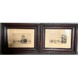 Two miniatures marine themed etchings of square rigged ships at harbour