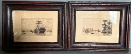 Two miniatures marine themed etchings of square rigged ships at harbour