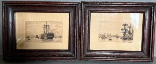 Two miniatures marine themed etchings of square rigged ships at harbour