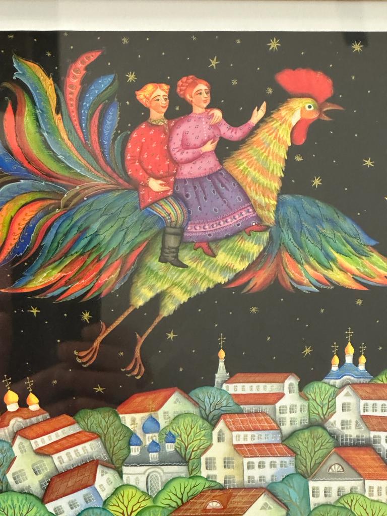 A Russian folk art water colour of a couple flying on a rooster 24cm x 24cm - Image 3 of 4