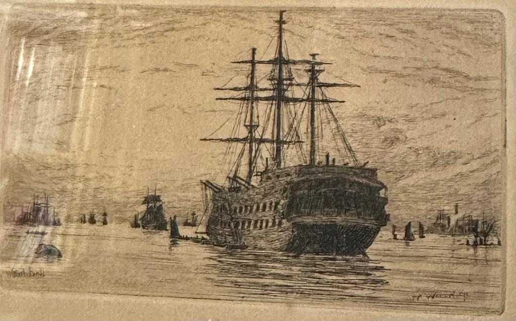 Two miniatures marine themed etchings of square rigged ships at harbour - Image 3 of 3
