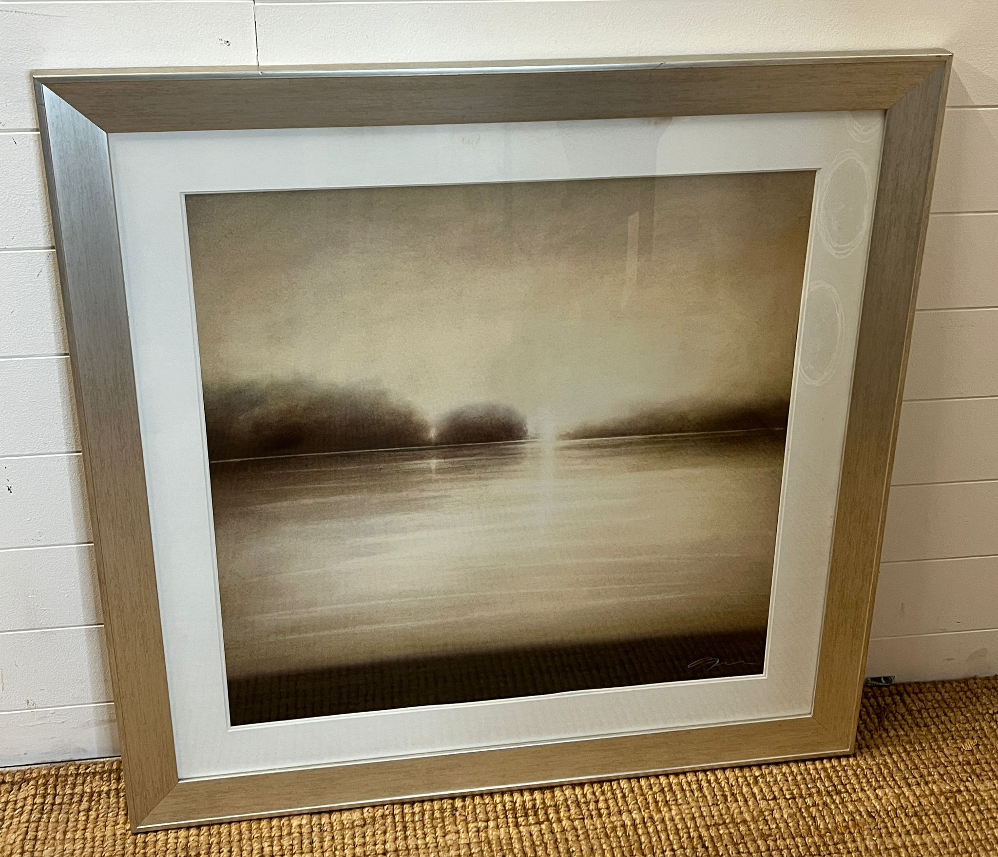 A print of a lake side scene (Frame size 94cm x 92cm)