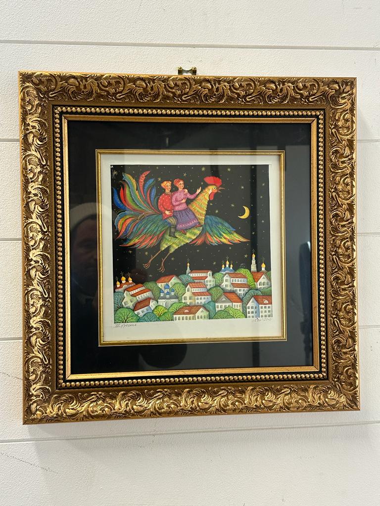 A Russian folk art water colour of a couple flying on a rooster 24cm x 24cm