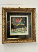 A Russian folk art water colour of a couple flying on a rooster 24cm x 24cm