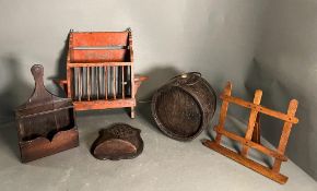 A collection of wooden items including barrel, book stand etc