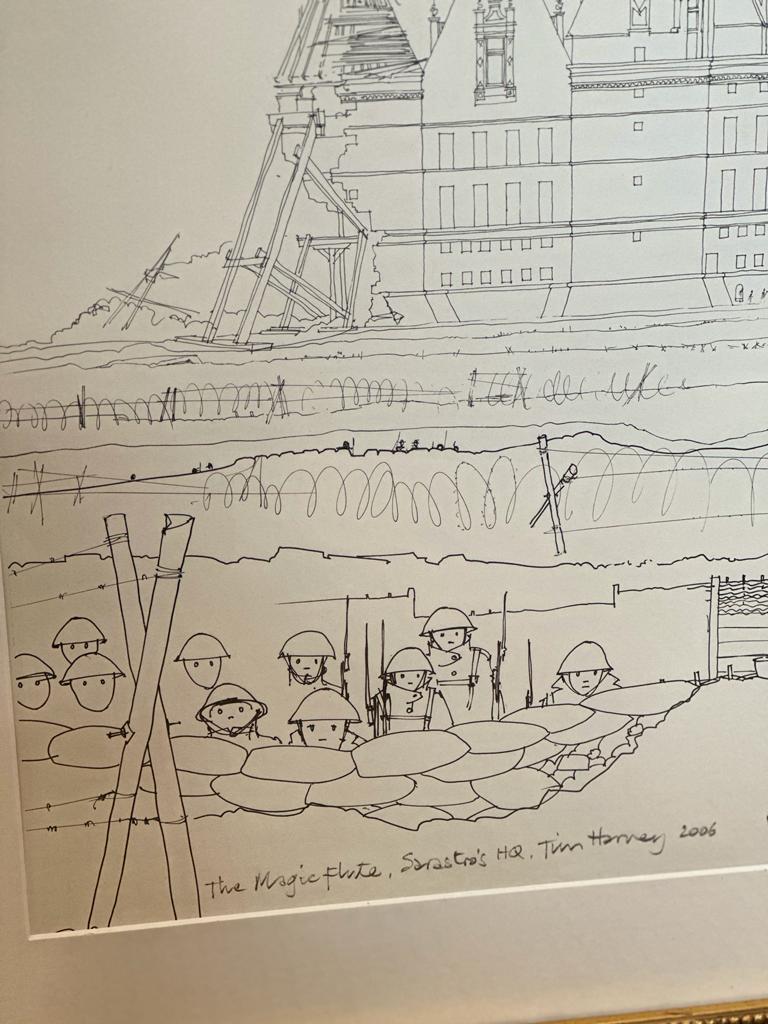 An ink on paper of a WWI scene titled "The Magic Flute, Sarastro's HQ" by Tim Harvey dated 2006 - Image 2 of 4