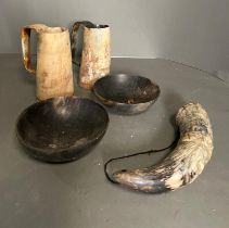 Two horn mugs, dishes etc