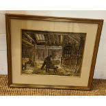 A painting of a possibly Loch Lomond estate worker in barn (Frame size 57cm x 50cm)