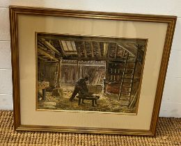A painting of a possibly Loch Lomond estate worker in barn (Frame size 57cm x 50cm)