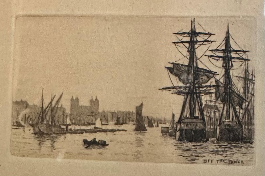 Two miniatures marine themed etchings of square rigged ships at harbour - Image 2 of 3